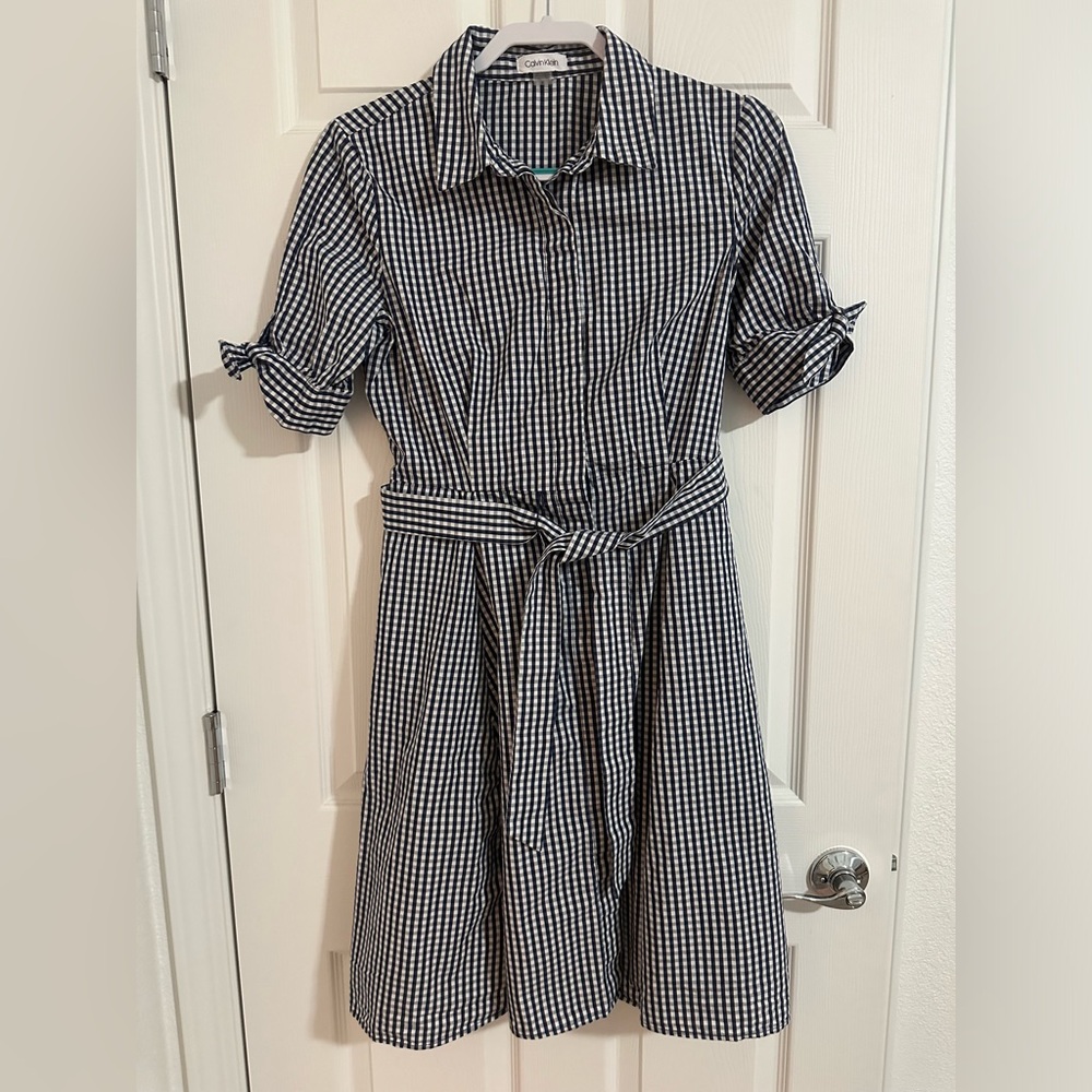 Calvin Klein Gingham Plaid Cotton Button Front Dress Navy Blue White Size 6